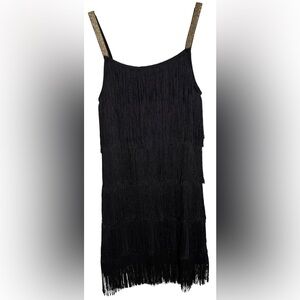 Vintage Black Fringe Mini Dress with Gold Shoulder Straps